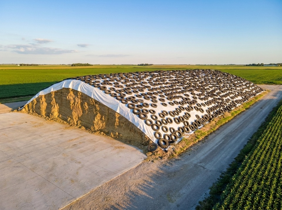 Agricultural plastic cover weighted over a farm silage bunker