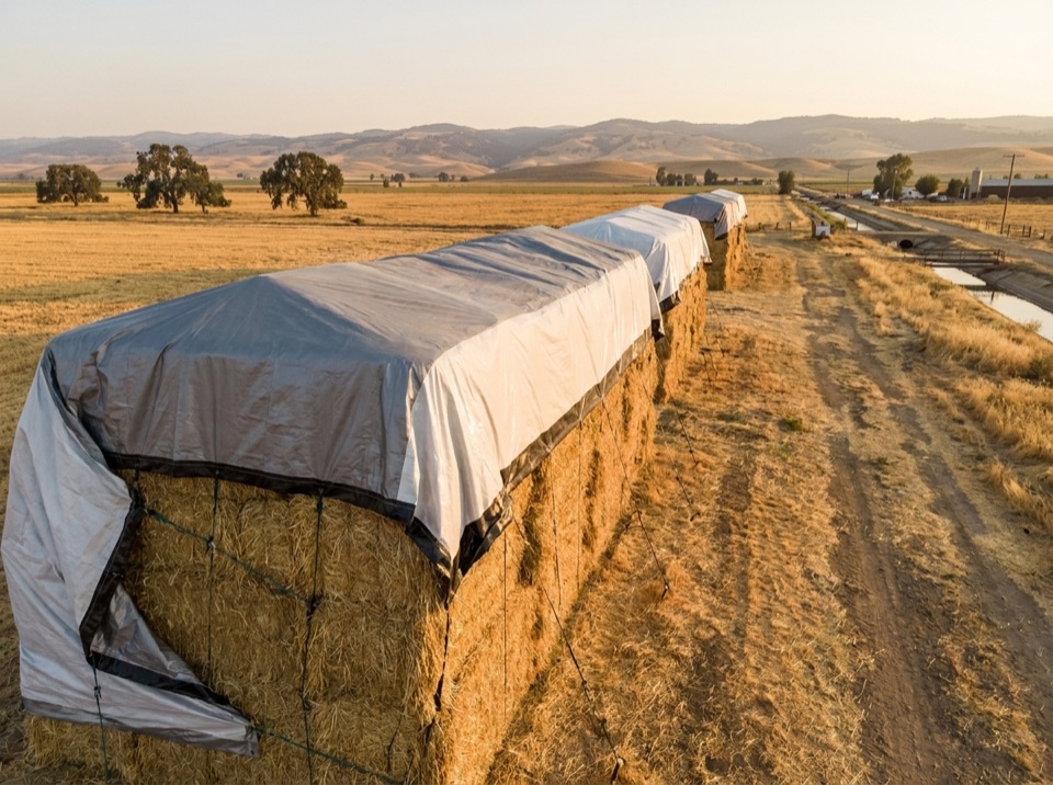 Hay covers protecting stacked hay bales from California weather